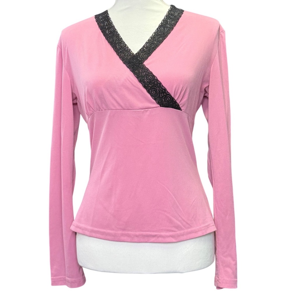 Y2K Pink Lace Trim Wrap Top Long Sleeve Stretch Made‎ USA Large Jody